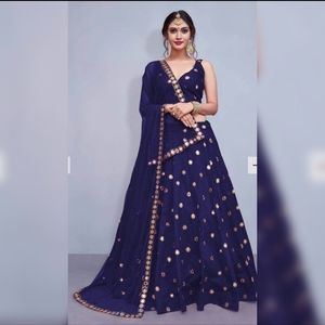 Blue Embroidered Satin Lehenga Choli - Full stitched skirt and unstitched top